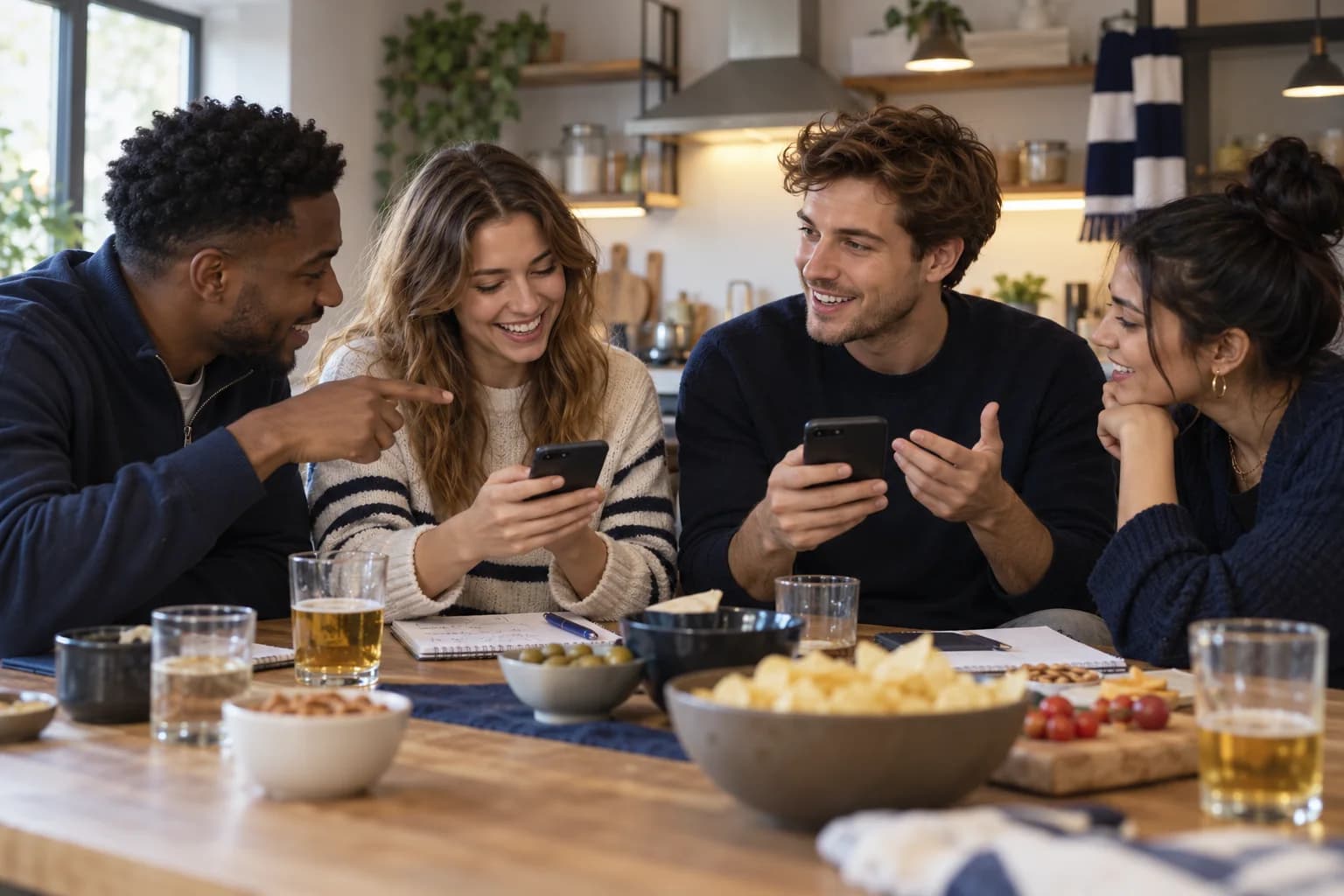 A group of friends comparing their football predictions around a table