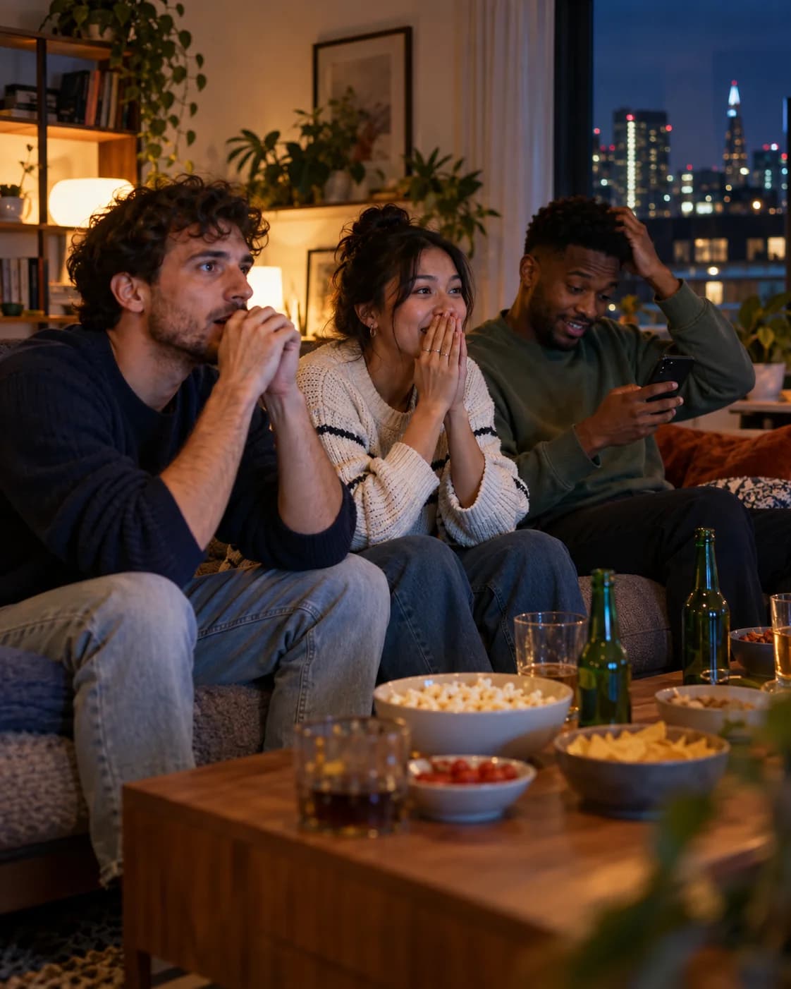 Friends following a football match together while checking their predictions
